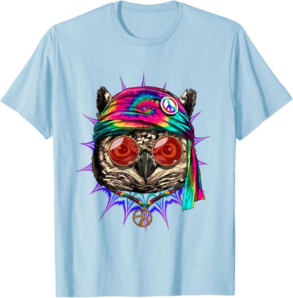 Tie Dye Hippie Owl Graphic Tee Men Casual Cotton Short Sleeve Trip T-Shirt