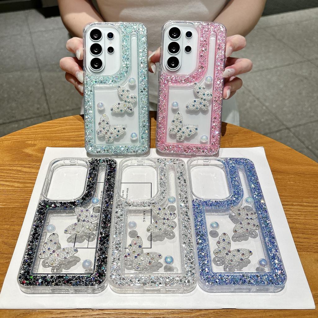 Applicable to Samsung S26U rhinestone butterfly + pearl mobile phone case S25U glitter drill edge S24/S25 mobile phone case