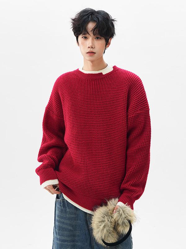 Jian Heng Red Henley Collar Men's Knit Sweater - Loose & Cozy for Autumn/Winter Christmas & New Year