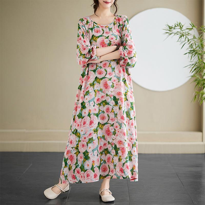 Herbstlich Lässig Künstlerisch Übergröße Locker Bedruckt Rundhals Langarmkleid für Frauen Kleider