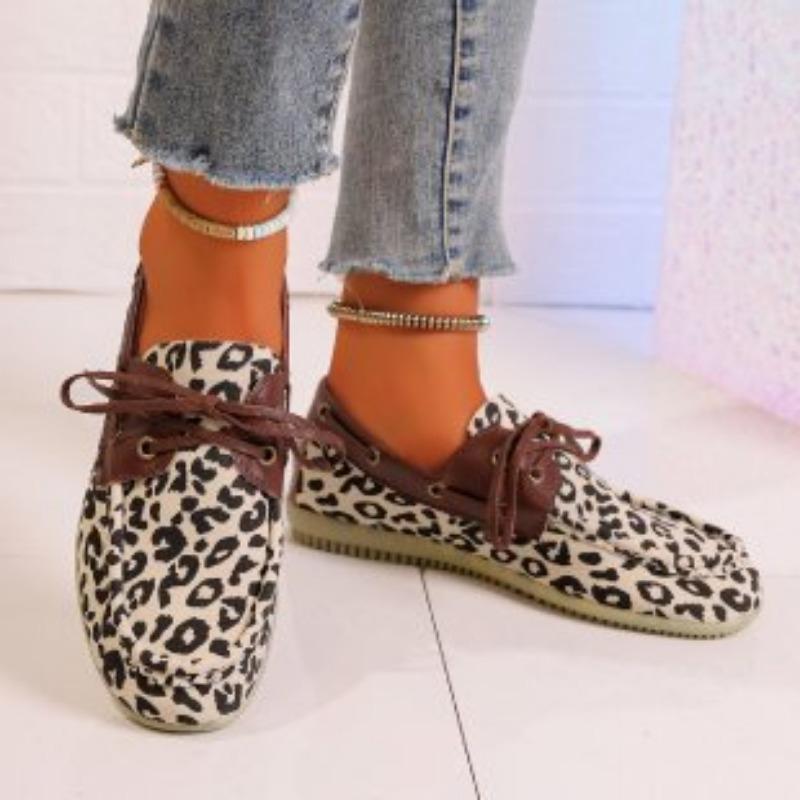 Large size casual single shoes women's autumn new flat-bottomed leopard print lace-up four-season models