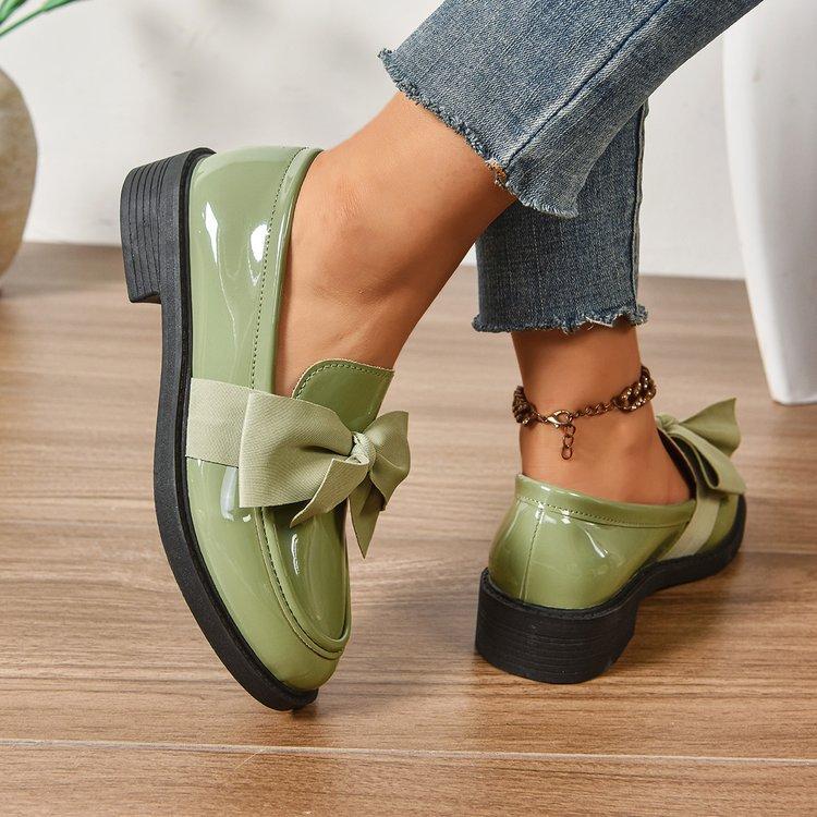 Women's Patent Leather Bow Loafers Round Toe Low Block Heel Slip-On Casual Oxford Shoes