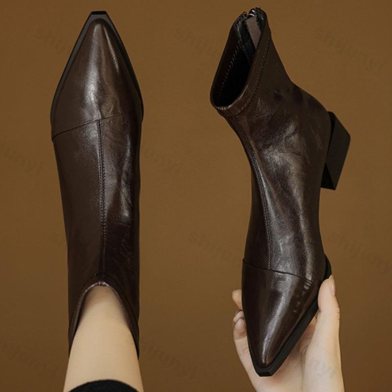 Women Pointed Short Boots 2026 Autumn Retro Korean Fashion Solid Colour Non-slip High Heels Thick Heel Comfort Ankle Boots