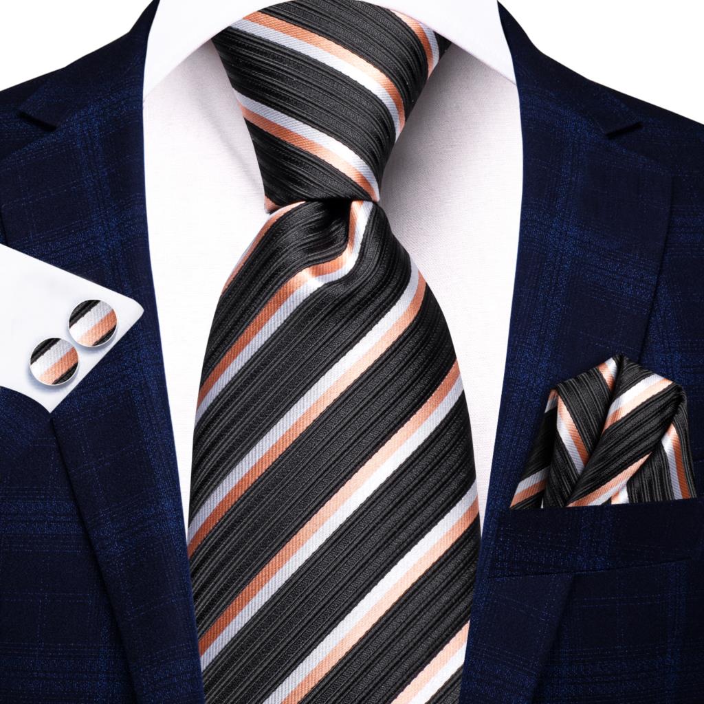 Hi-Tie Navy Blue Striped Silk Wedding Tie For Men Fashion Design Gift Men Necktie Hanky Cufflink Set Business Party Dropshiping