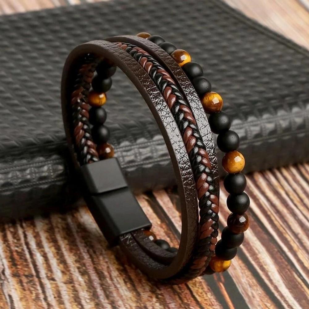 Men's Tiger Eye Stone Leather Bracelet - Multi-layer, Beaded, Fashionable, and Versatile.