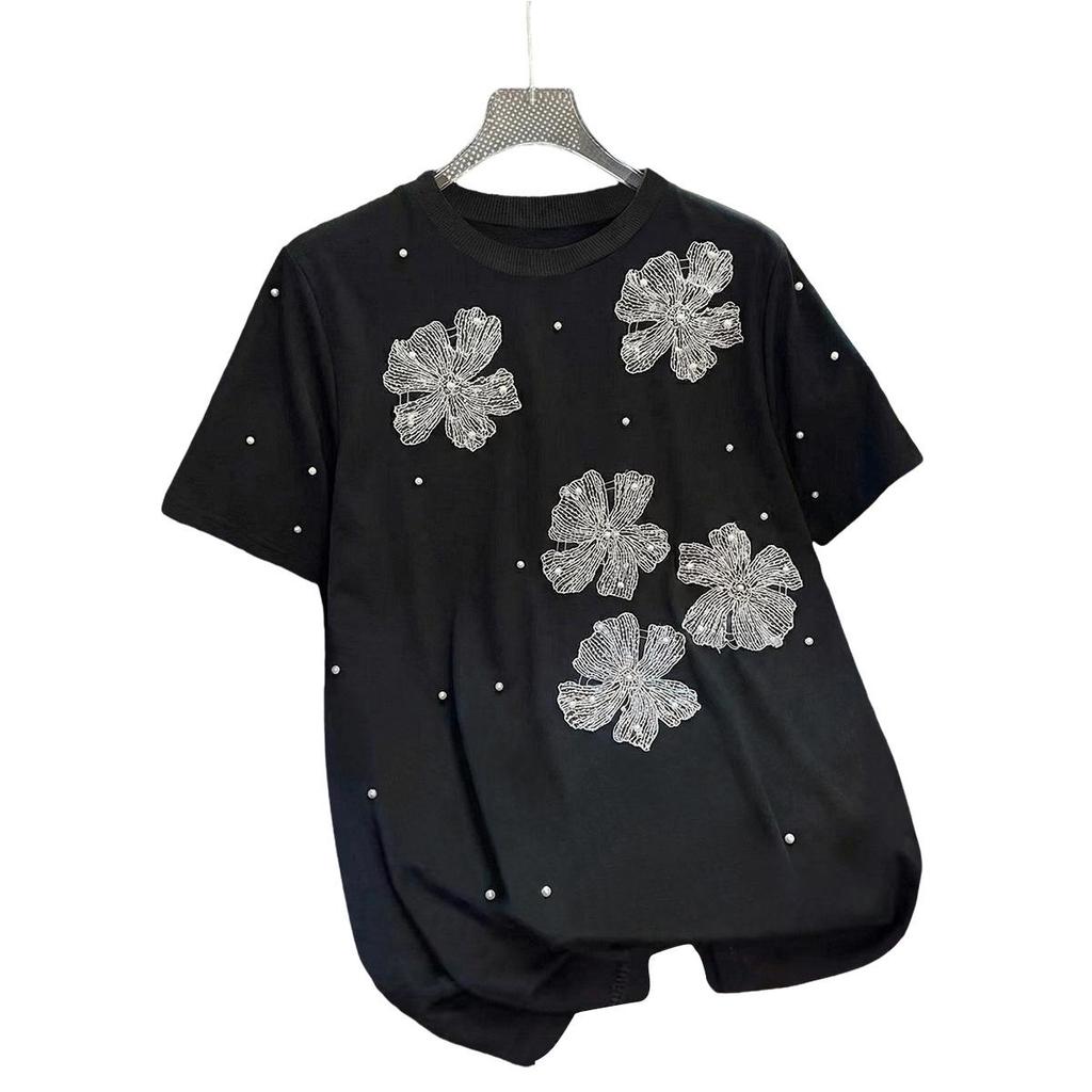 Ny stor Dame T-skjorte for Sommeren, Kraftig med Broderte Paljettblomster, Løstsittende og Slankende Topp