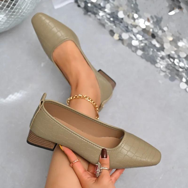 Shallow Women Low Heels Shoes 2025 New Brand Trend Elegant Square Toe Pumps Leather Mature Office Dress