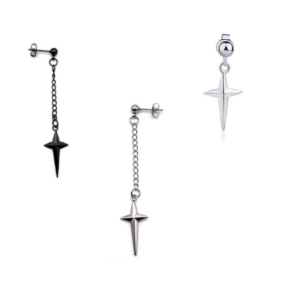 Hip Hop Trendy Stainless Steel Silver Color Star Cross Tassel Pendant Asymmetry Stud Earrings for Women Men Rock Punk Jewelry