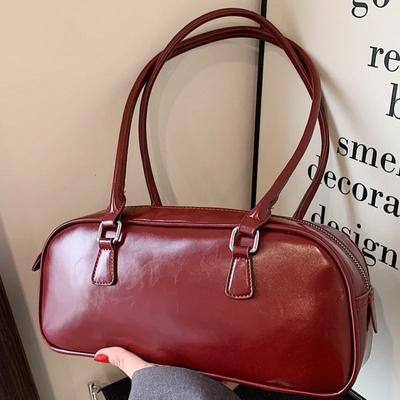 Women Retro Simple Shoulder Bag Solid Color PU Leather Underarm Bags Lady Handbags and Purses