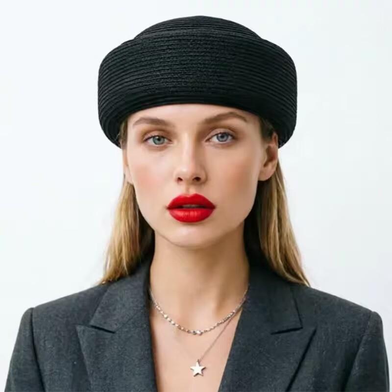 Sombreros de Sol Artísticos de Painter Berets Pillbox Hat Tejido de Paja de Papel Weave Círculo Cóncavo Superior Sombrero de Paja para Mujer