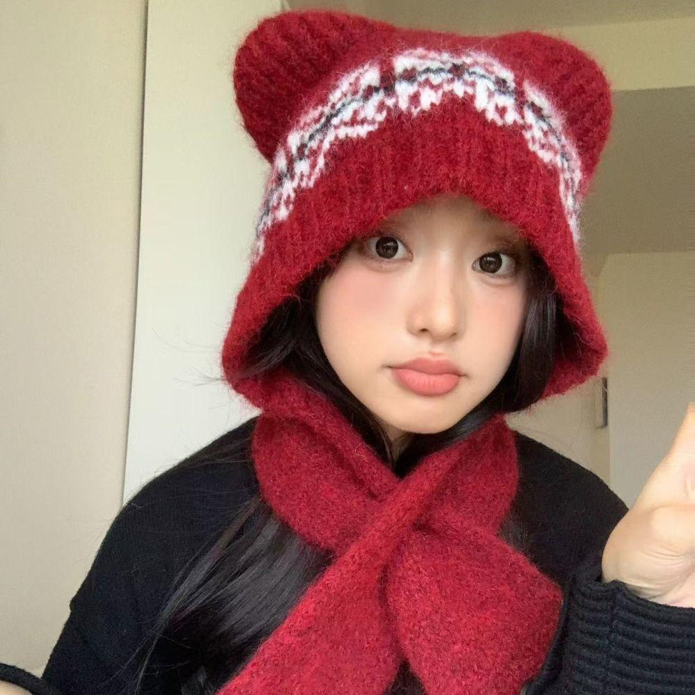 Ethnic Style Jacquard Knitted Hat Fair Isle Style Printing Knit Cap Cute Bear Ears Beanies  Outdoor