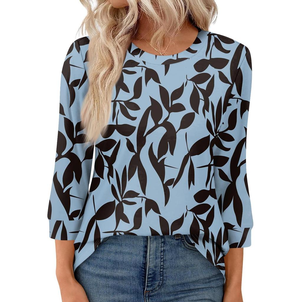 Women's Fashion Casual Round Neck 3/4 Sleeve Loose  Printed T-Shirt Ladies Top