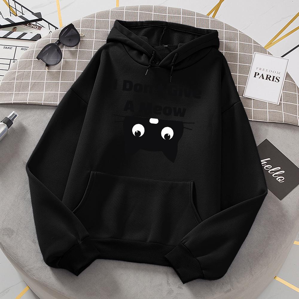 I Don'T Give A Meow Black Cat Hoodies Women Oversized Loose Warm Hoody Street Sport Tide Sweatshirt Fashion Comfortable Hooded