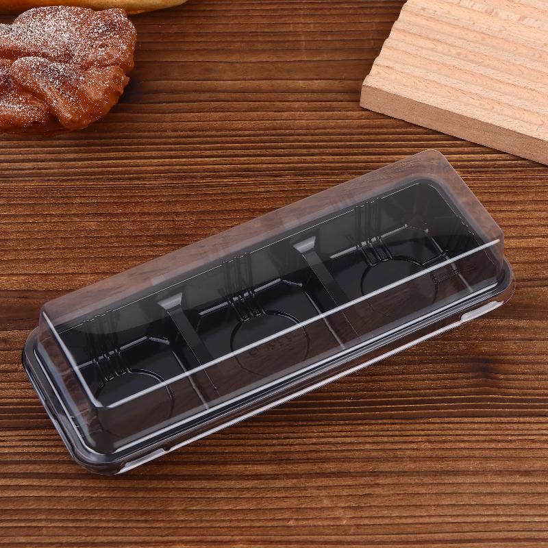50Pcs Black 3 Grid Pastry Packaging Box With Lid Cake Roll Pastry Takeaway Freshness Boxes Food Grade Baking Dessert Case