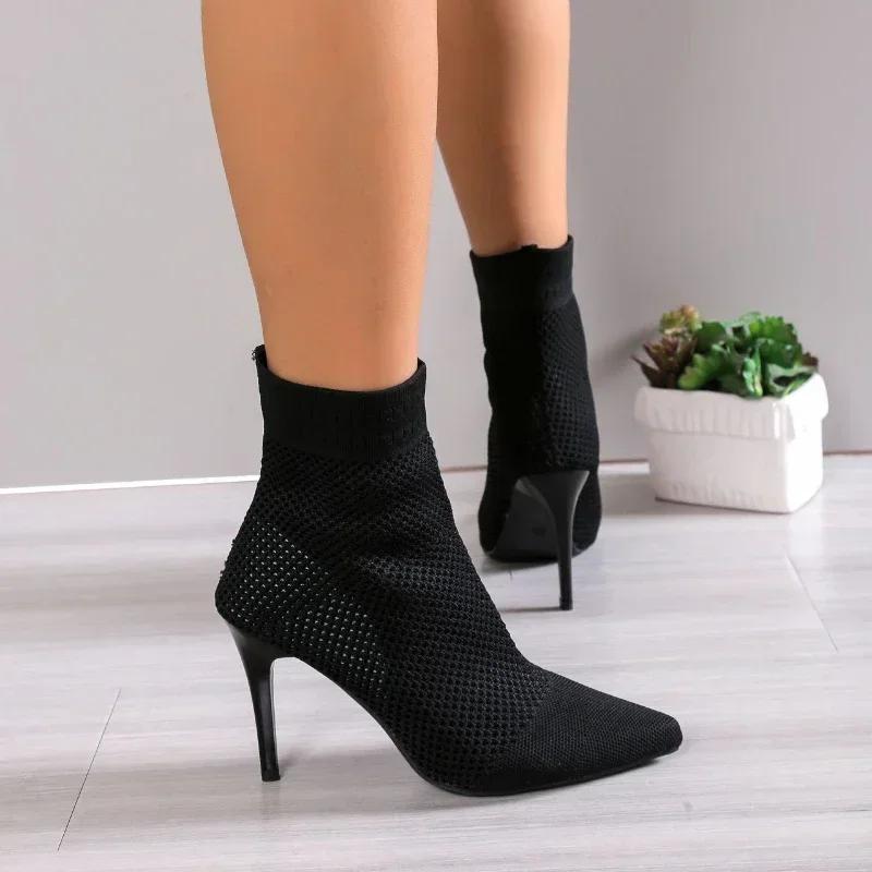 Pointed Toe High Heels Shoes for Women Sexy Ankle Chelsea Boots Winter Knitting Sock Botas  New Designer Femme Pumps Zapatos