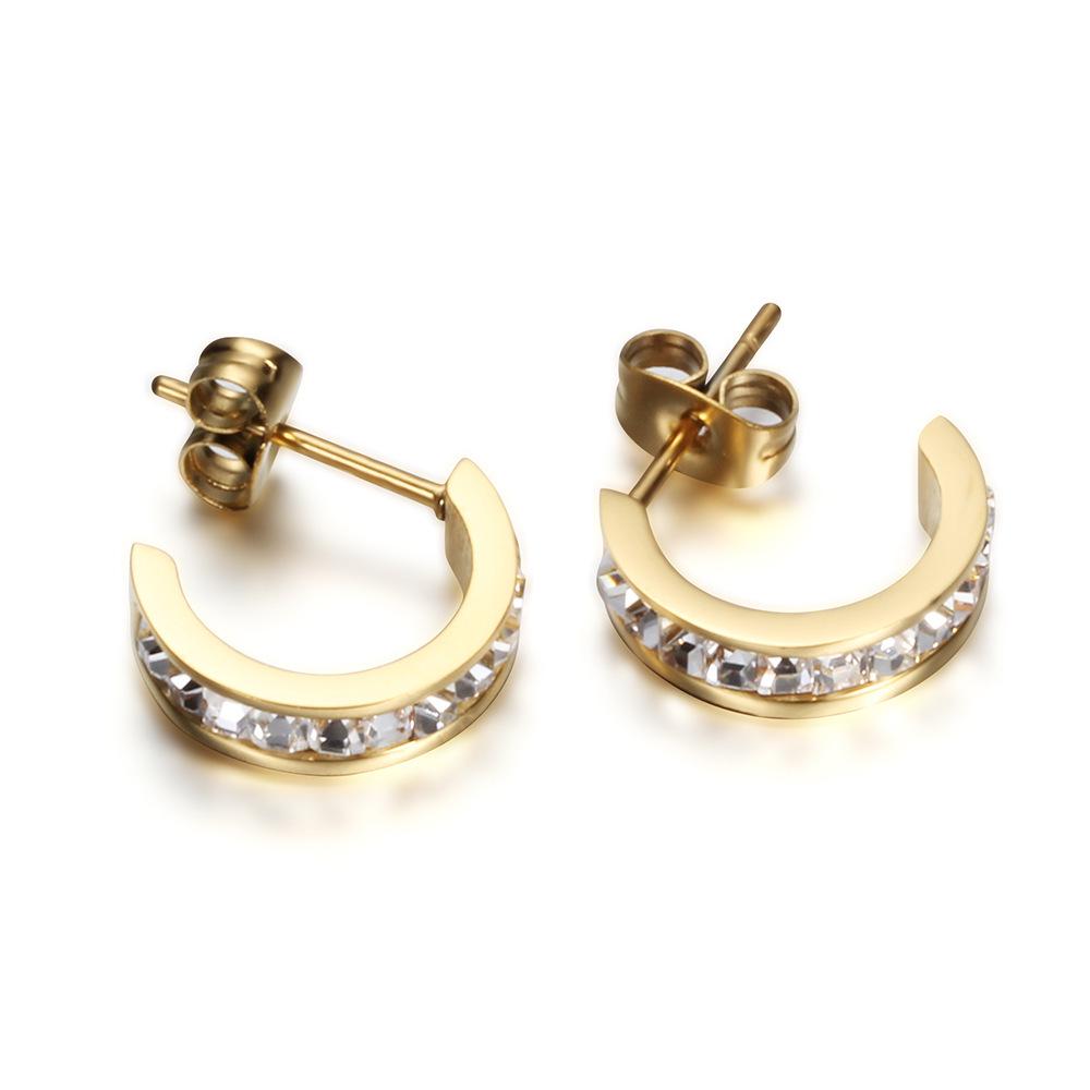 Fashionable European 14MM C-Shaped Zircon Stud Earrings, 2MM Stainless Steel, Versatile and Stylish for Women