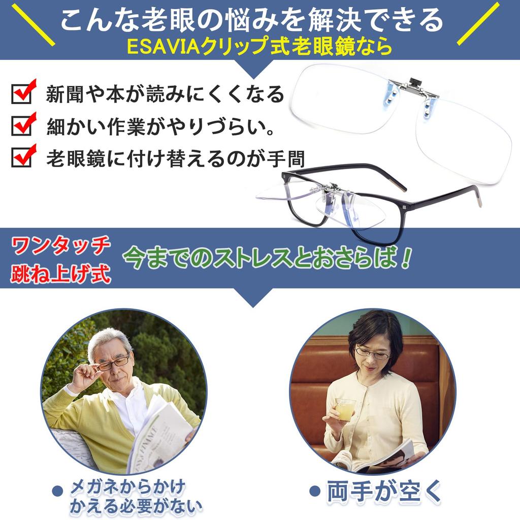 Reading Blue Light Wears Over Senior for Enlarges for Detailed with Case [ESAVIA] Clip-on Glasses, Flip-up, Front-mounted, 1.0, 1.5, 2.0, 2.5, 3.0,