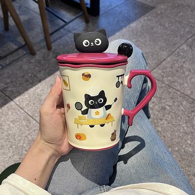 Mug with Lid Spoon Cat Cup Ins Cute Ceramic Water Cup Couple Office Coffee Breakfast Cup Children