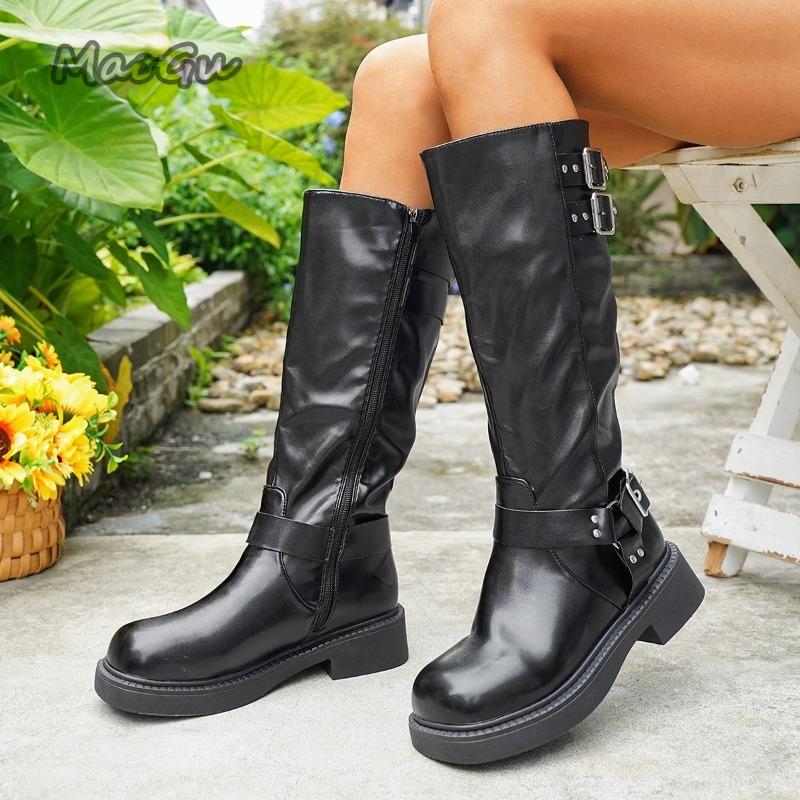 Fashion 2025 Autumn British Style Knight Boots for Women Belt Buckle Side Zipper High Top Boots Soft Black PU Long Bottes Femmes Size 36