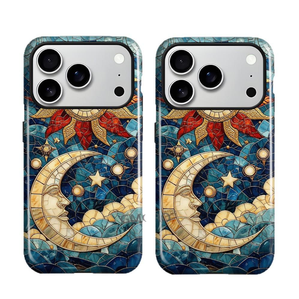 European Retro Mosaic Sun and Moon Face Mobile Phone Case Apple 17 Two-in-one Film Case iPhone15 Magnetic Case