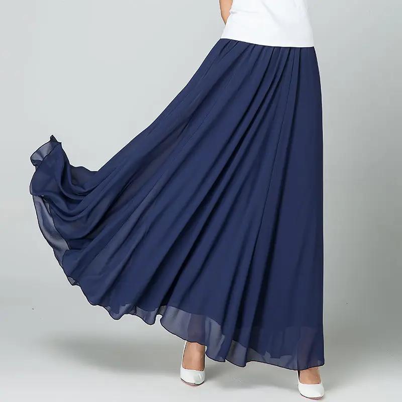 Women Summer Chiffon Dance Skirts Plus Size Full-Length Skirt High Waist Elegant Pink Black Red Royal Blue White Long Skirts