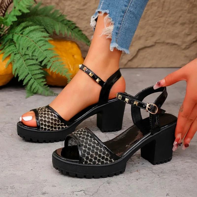 Plus Size 2025 Summer Mesh Open Toe Women's Sandals Platform Chunky Heels Rivet Buckle Strap Sandals for Daily Dress