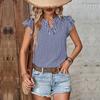 Chic Women's Striped V Neck Ruffle Blouse Short Sleeve Summer Tops