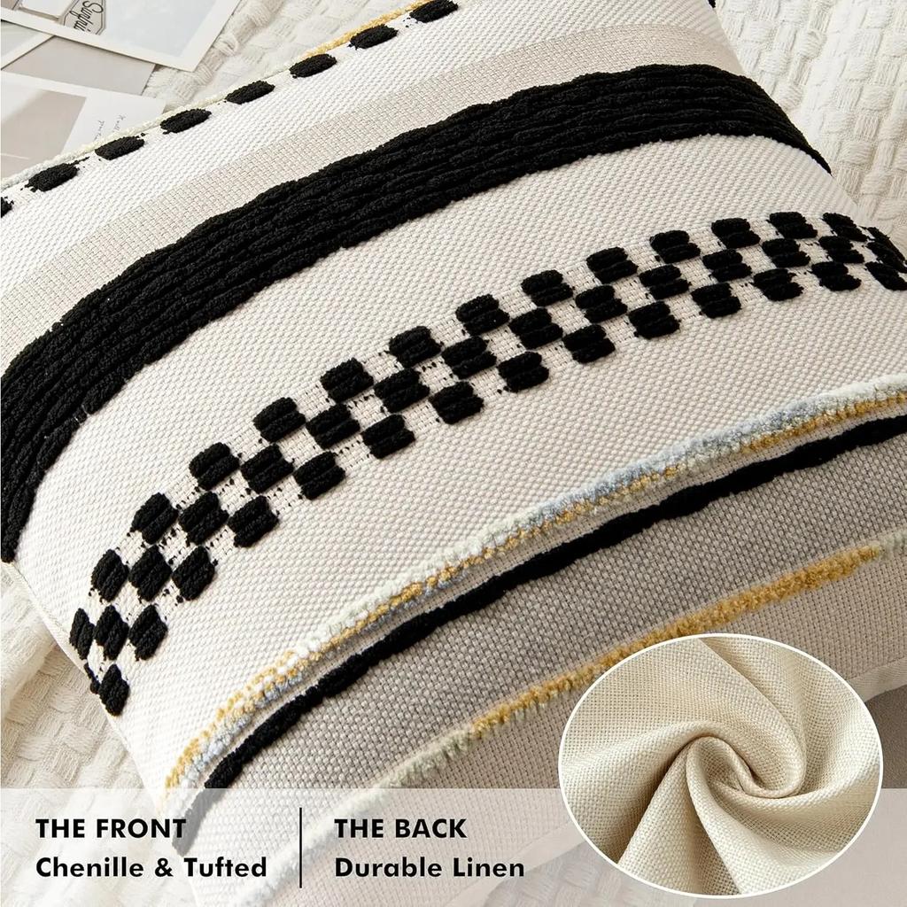 Black Boho Throw Pillow Covers 18x18 Inch Cushion Cases Multicolor Striped Chenille Pillow Covers Accent Pillowcase for Sofa