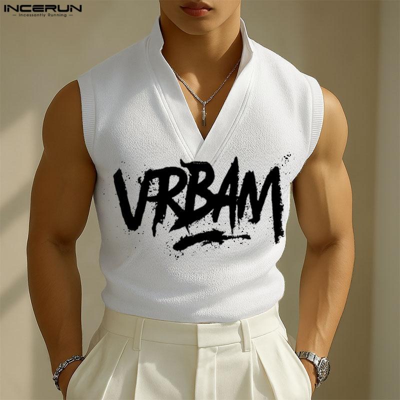 INCERUN Men Stand V Neck Sleeveless Letter Print Casual Rib Tank Tops 