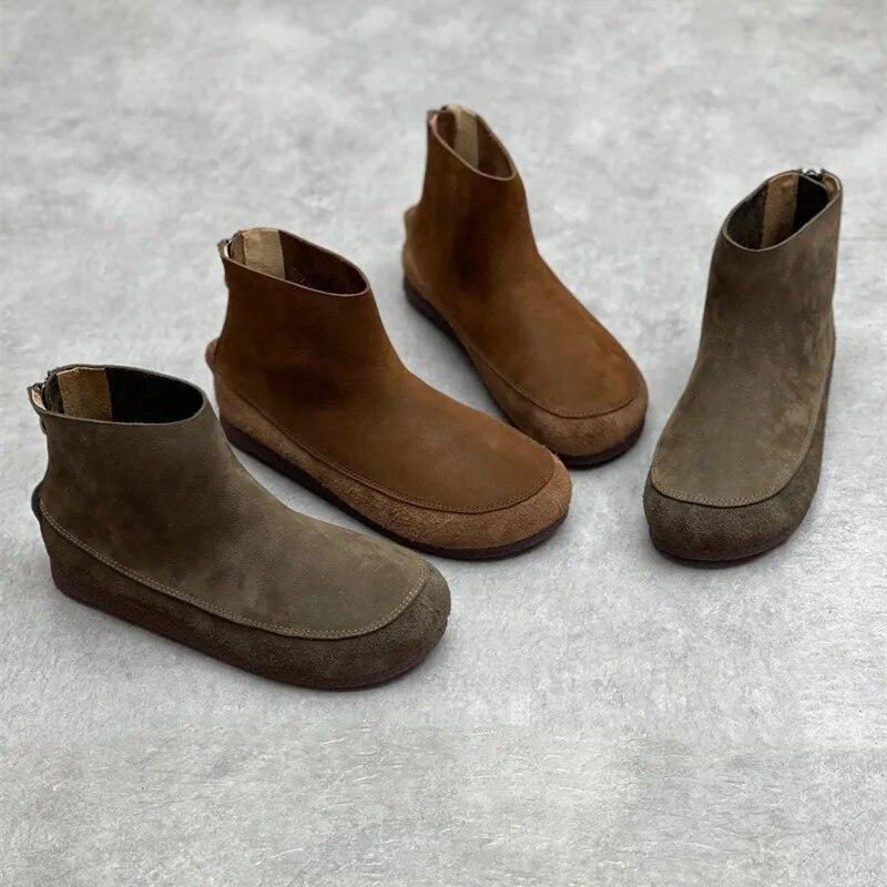 Johnature Stivaletti corti da donna in vera pelle punta tonda scarpe piatte comode casual con suola morbida in pelle bovina