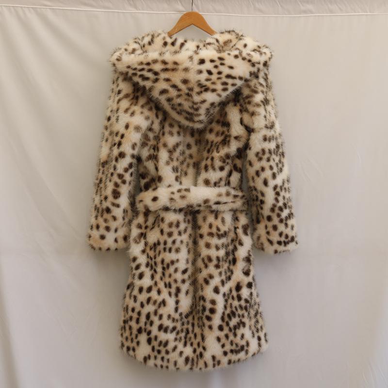 Damen-Imitatpelzjacke mit Leopardenmuster, langer Mantel aus Tokawolle mit Kapuze, warmer Winter-Nerz-Trenchcoat