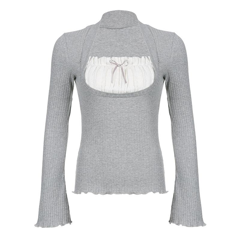 

Модная футболка с длинными рукавами и цветными блоками, плиссированная шнуровка, облегающий топ с рукавами-колокольчиками L