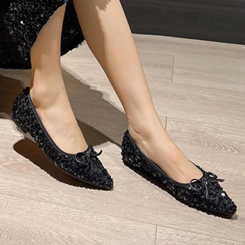 Fashion 2025 Spring Black Bling Women Flats Elegant Pointed Toe Footwear Classic Bowknot Shallow Slip-on Soft Sole Date Shoes for Lady