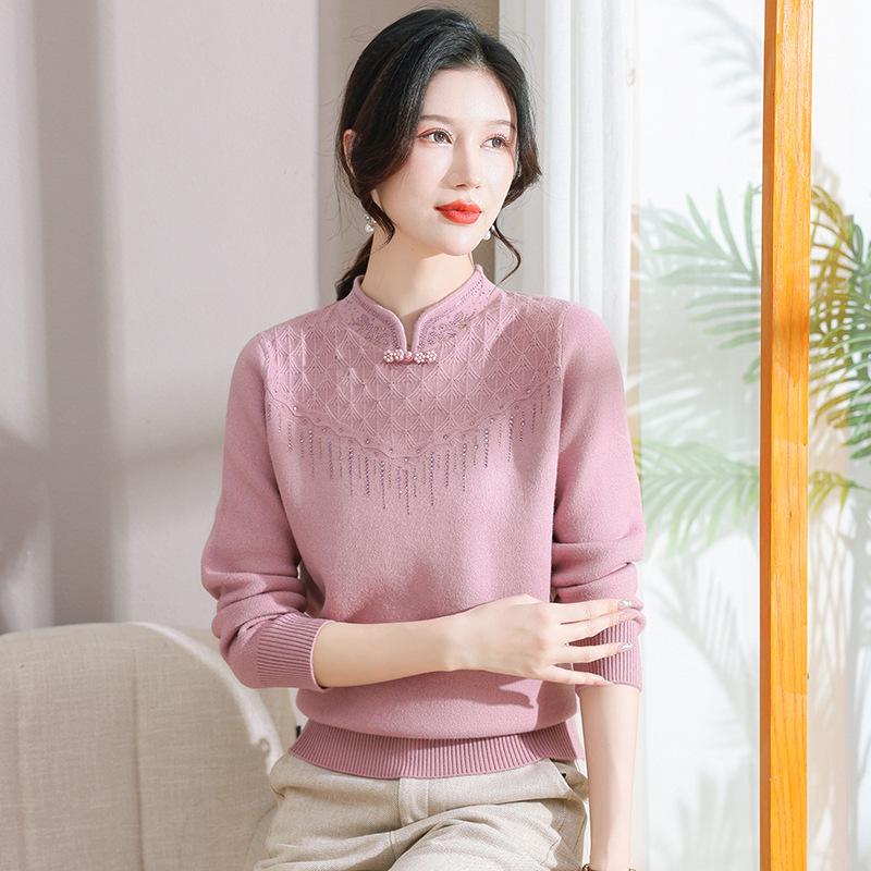 Autumn/Winter Fleece-Lined Knit Base Layer for Middle-Aged & Elderly Women - Half-High Neck, Thickened Fashion Sweater for Mothers