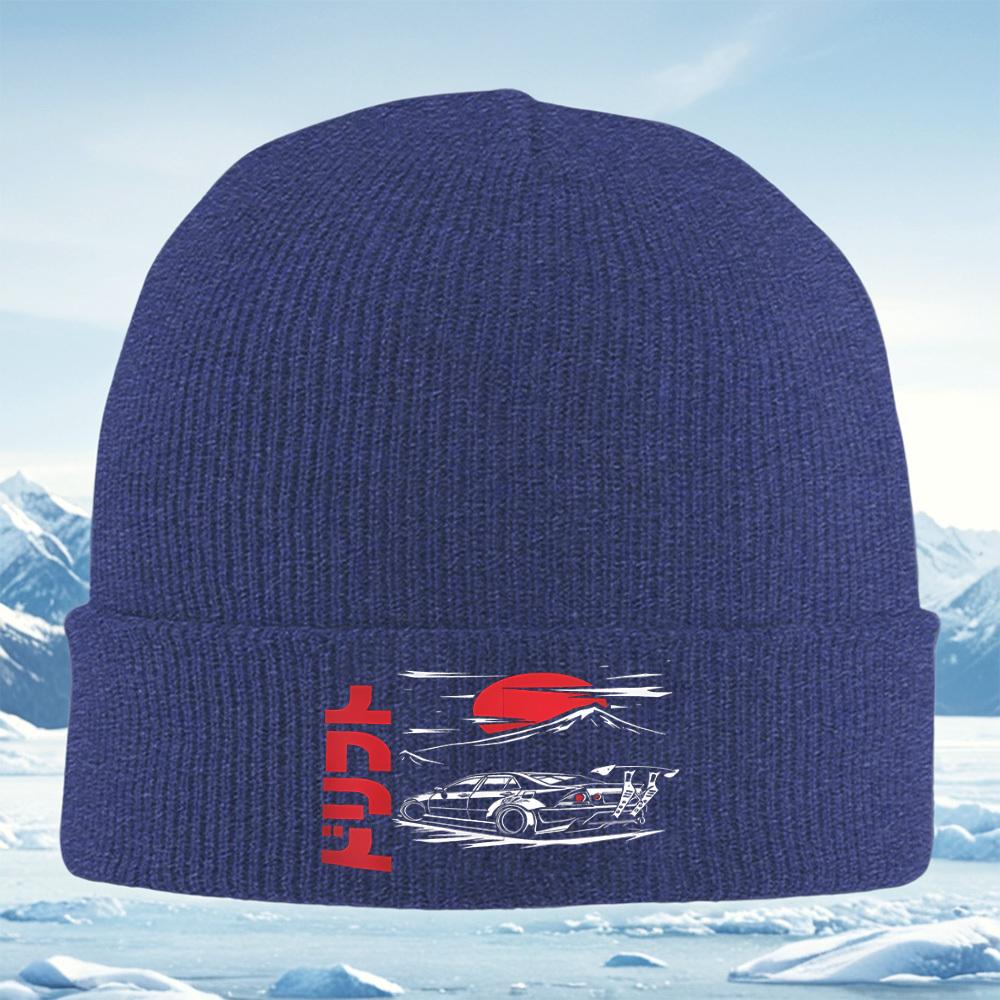 Car drifting sunset mountain design Men Women Unisex Knitted Hat Beanie Pullover Cap Winter Thermal Warm Christmas Outdoor Cycli