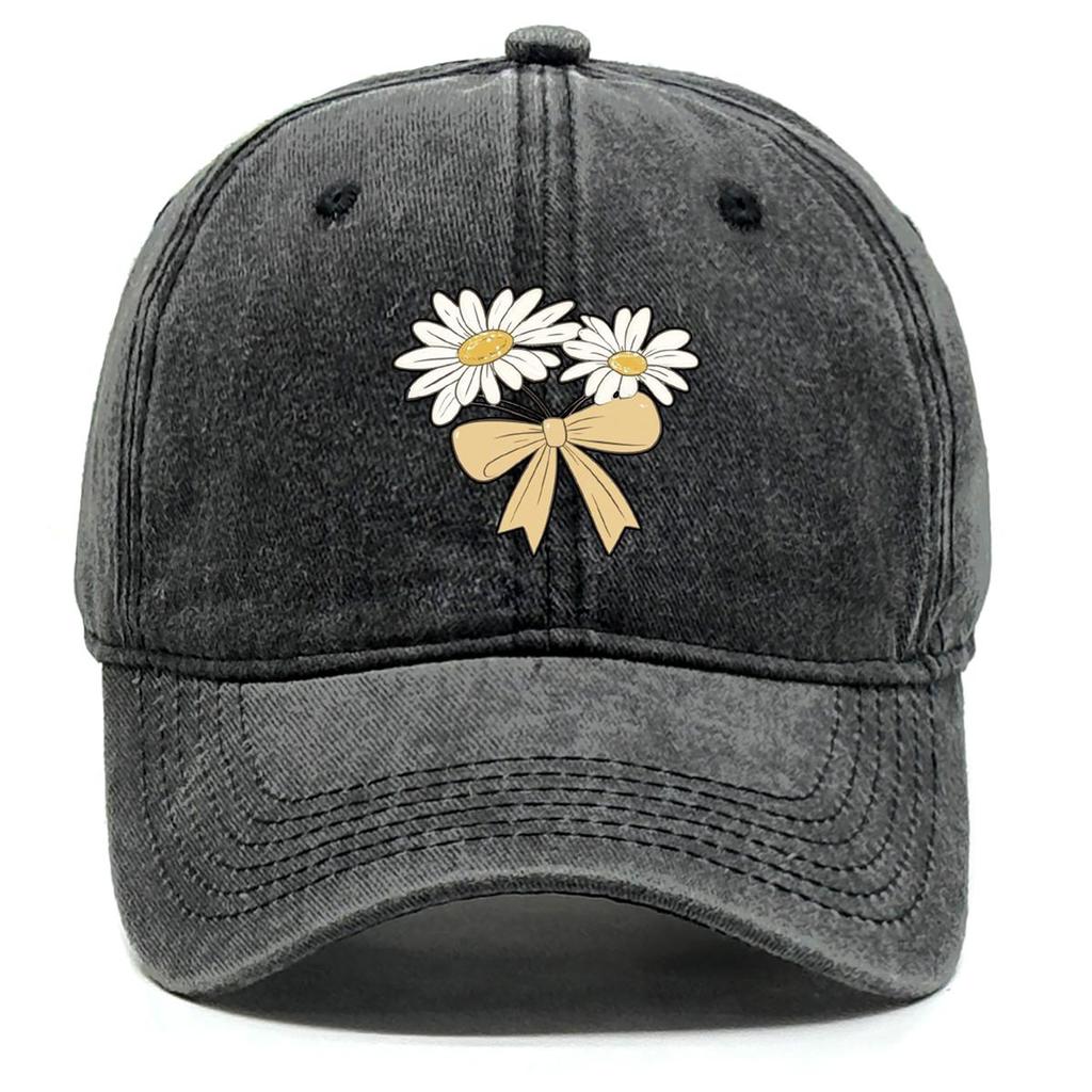 Daisy Bowknot Print Snapback Baseball Hat, Flower Trucker Hat Sun Protective Solid Vintage Casual Adjustable Baseball Cap