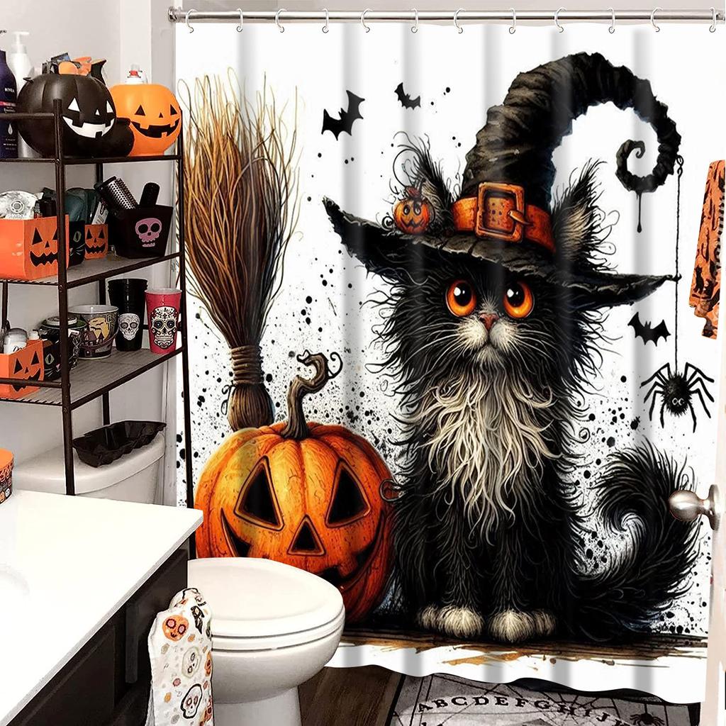2025 Halloween Thanksgiving Witch Hats Pumpkin  Pattern Bathroom  Shower Curtain  With 12 Hooks Bathroom Decor and Accessories