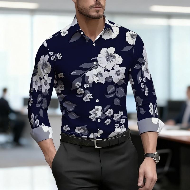2026 New High Quality Men s Shirt Personalized Flower Printed Long Sleeve Shirt Flower Printed Versatile Casual Business Top S