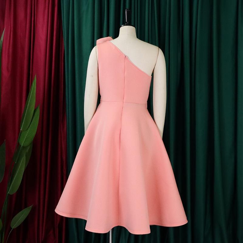 Plus Size Women Sexy Slant Neck High Waist Ruched Mid Length Banquet Party Dress