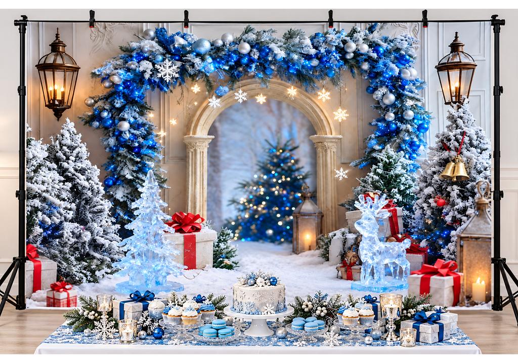 Blue Christmas Backdrop Snowy Arch Blue Silver Garland Christmas Trees Ice Reindeer Lanterns Winter Photography Background