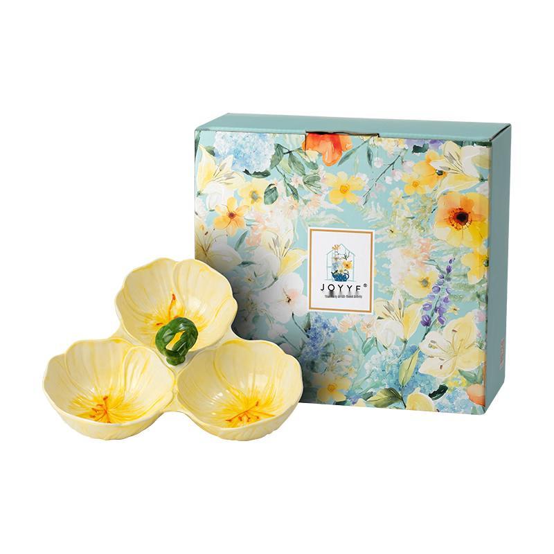 JOYYE Floral Ceramic Three-Compartment Nut Platter