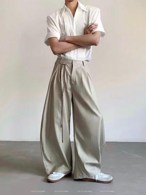Men's 2025 Retro Black Curved Blade Western Trousers: Wide-Leg, Straight, Loose-Fit Casual Long Pants