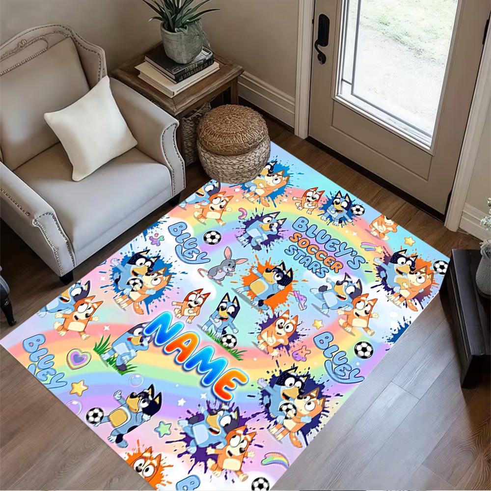 Bluey's Soccer Fun Customized Name Floor Rug Office Rug Suitable for Bedrooms Playrooms Kitchen Dormitory Anti-slip Rug Decorate Offices