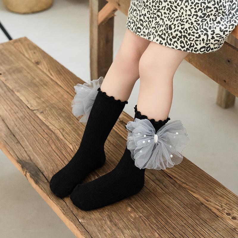Girls' Ruffled Cotton Socks with Pearls and Bows