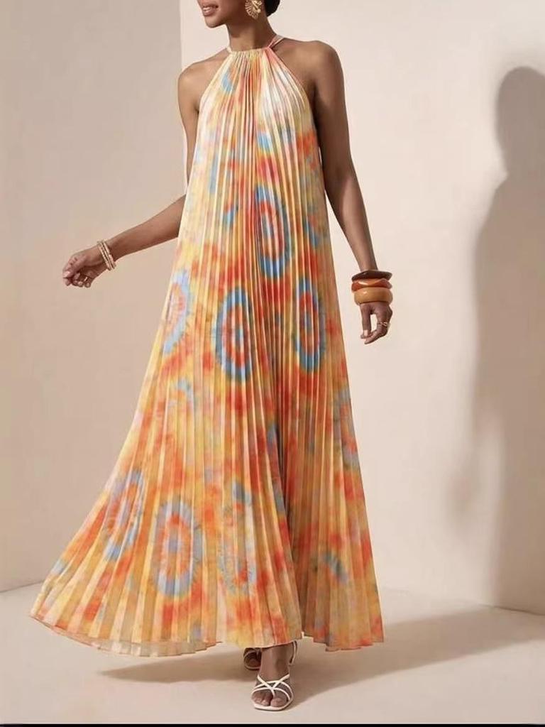 European & American Summer Resort Style Women's Lace-up Printed Pleated Dress