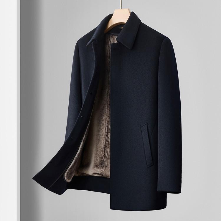 Men's Mid-Length Woolen Winter Coat with Plus Velvet for Middle-Aged and Elderly, Thickened Windbreaker Jacket.