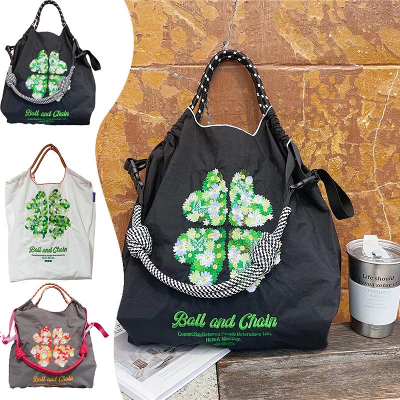 Japanese Four-Leaf Clover Embroidered Ball Chain Shoulder Bag - Trendy, Large-Capacity, Niche Commuter Style