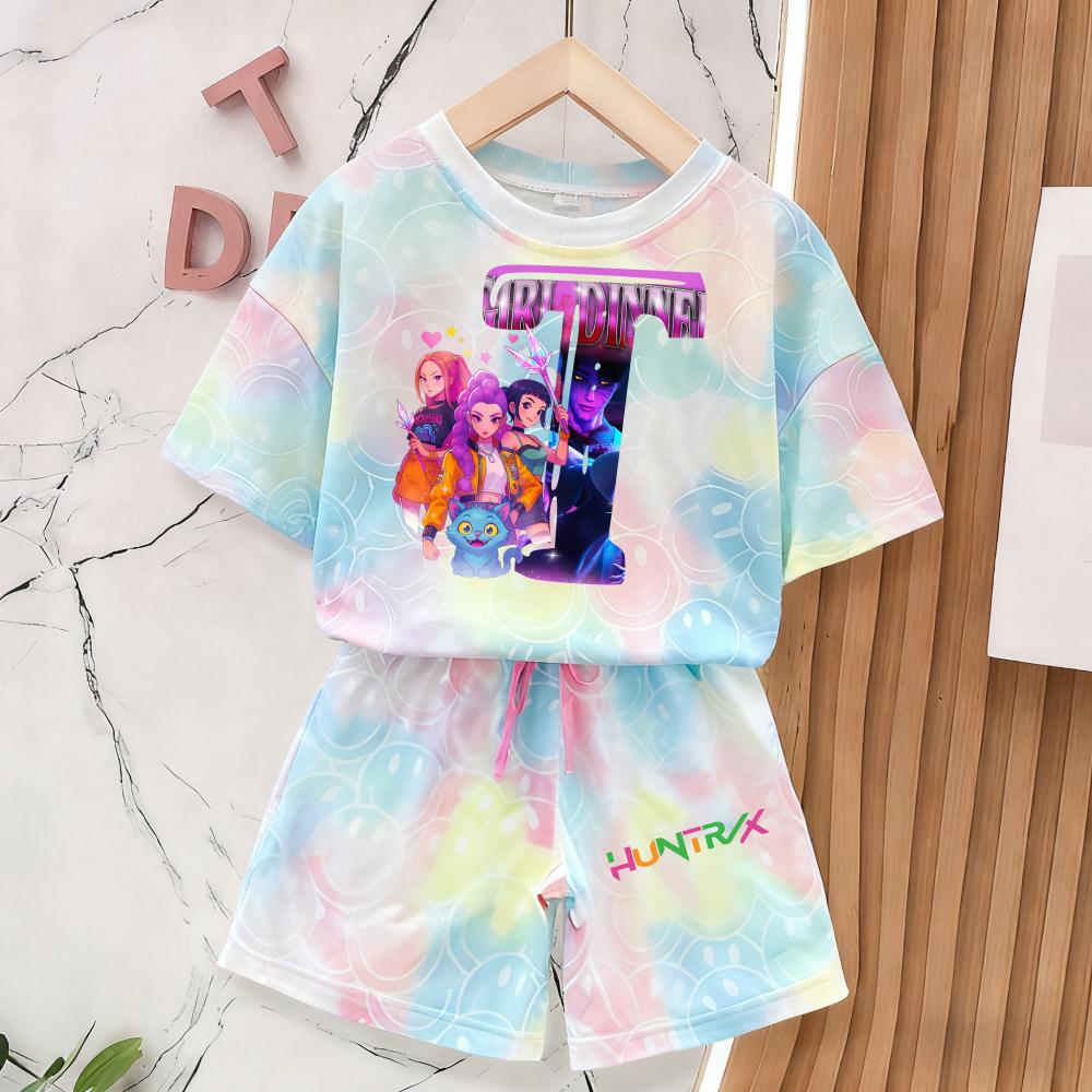 Summer Demon Hunters T-Shirt and Pants Set Girls' Clothing Cute Smiley Face 3D Print Short-Sleeve Set Kids' T-Shirt and Shorts Set