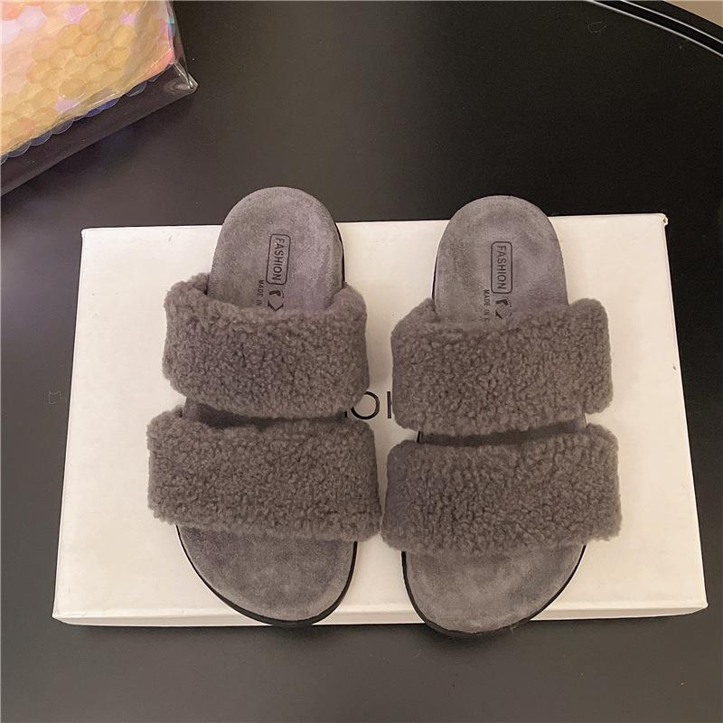 Muffin Thick Bottom One-word Fluffy Slippers Women Wear 2025 Autumn and Winter New Internet Celebrity Fairy Wind Heightening Cotton Slippers
