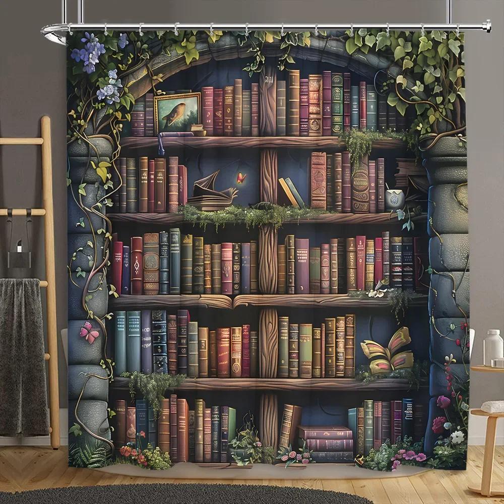 Vintage Library Shower Curtain Old Book Bookshelf Skull Halloween Candles Floral Plant Home Polyester Fabric Bathroom Decor Se